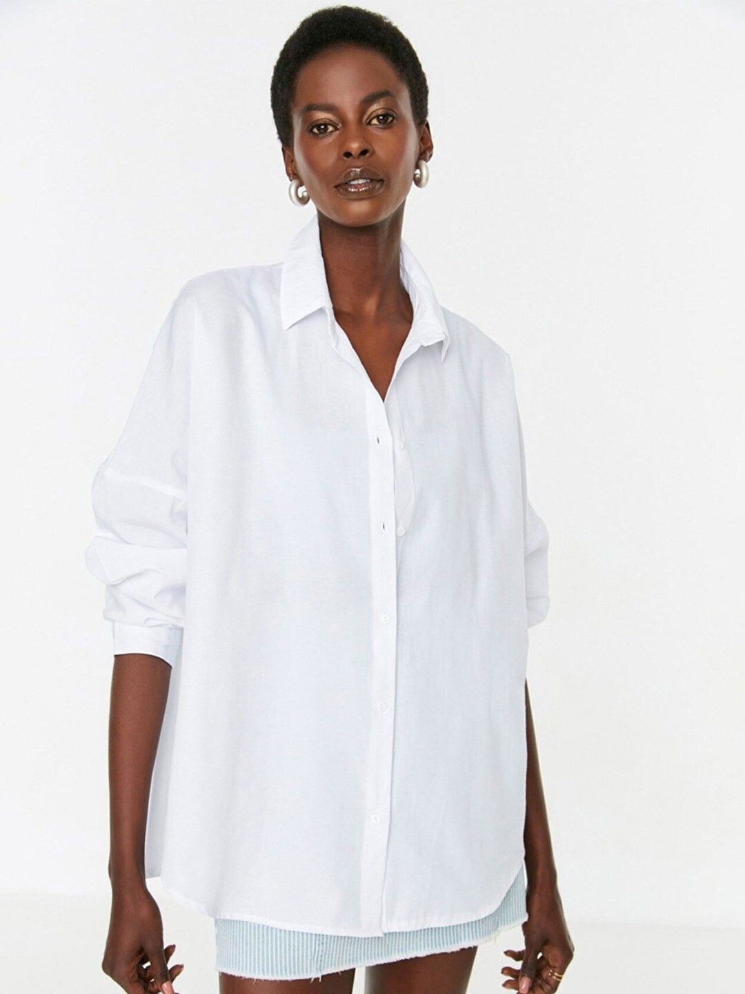 

WHY SO FAB Women Comfort Oversized Fit Spread Collar Solid Cotton Casual Shirt, White