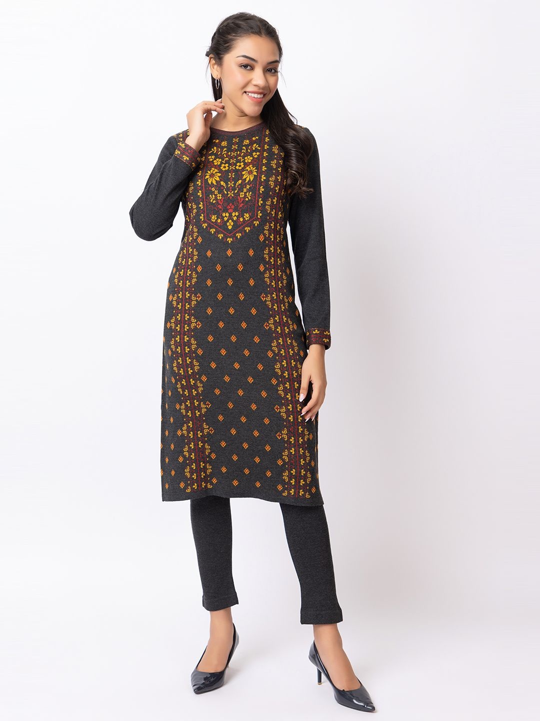 

KEIKO Floral Woven Design Round Neck Jacquard Weave Acrylic Straight Kurtas, Charcoal