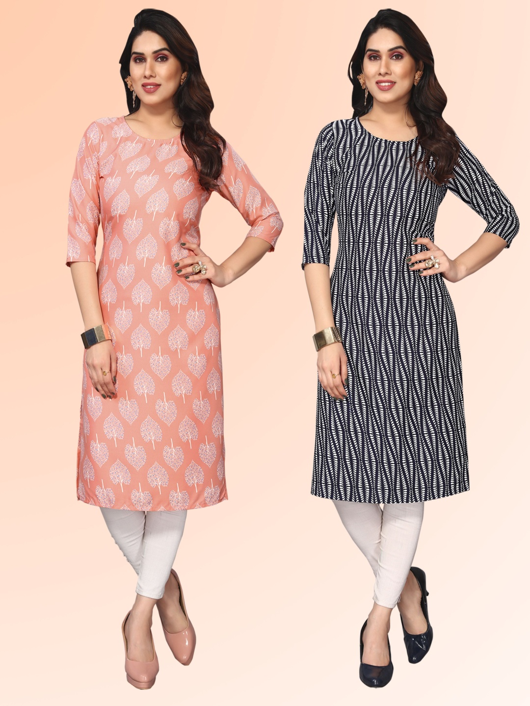 

KETAKI FASHION Selection of 2 Floral Printed Round Neck Straight Kurtas, Peach