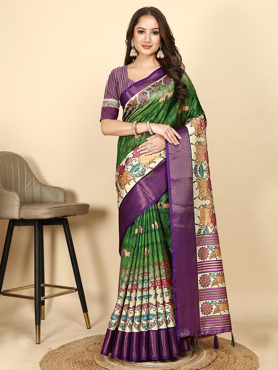 

J 6 DESIGNER Floral Zari Block Print Saree, Green