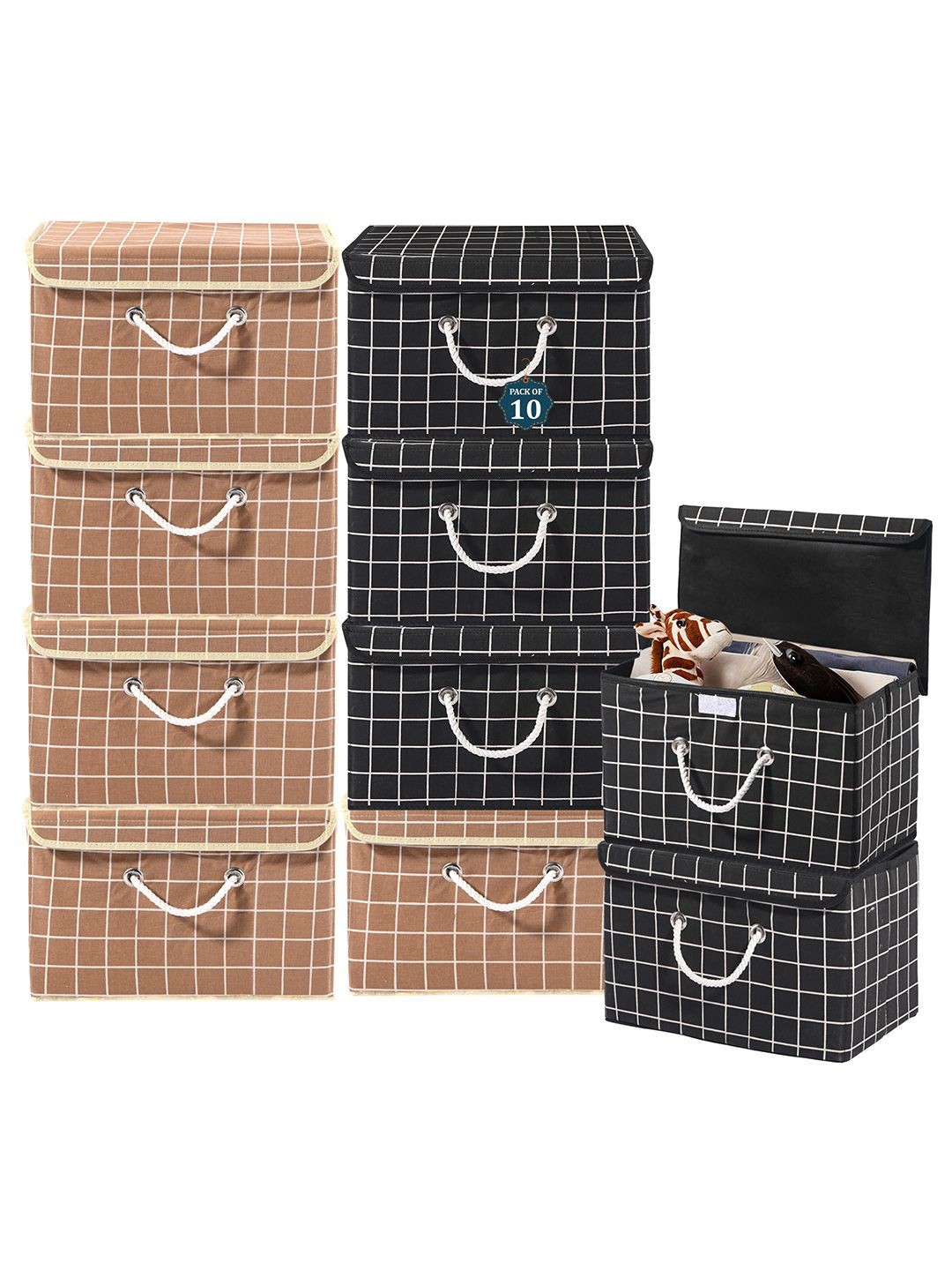 

Kuber Industries Brown Set of 10 Reusable Drawer Organiser Printed Storage Basket