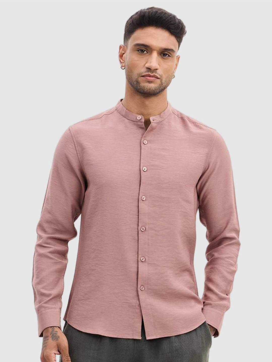 

Snitch Men Smart Fit Band Collar Textured Casual Shirt, Mauve