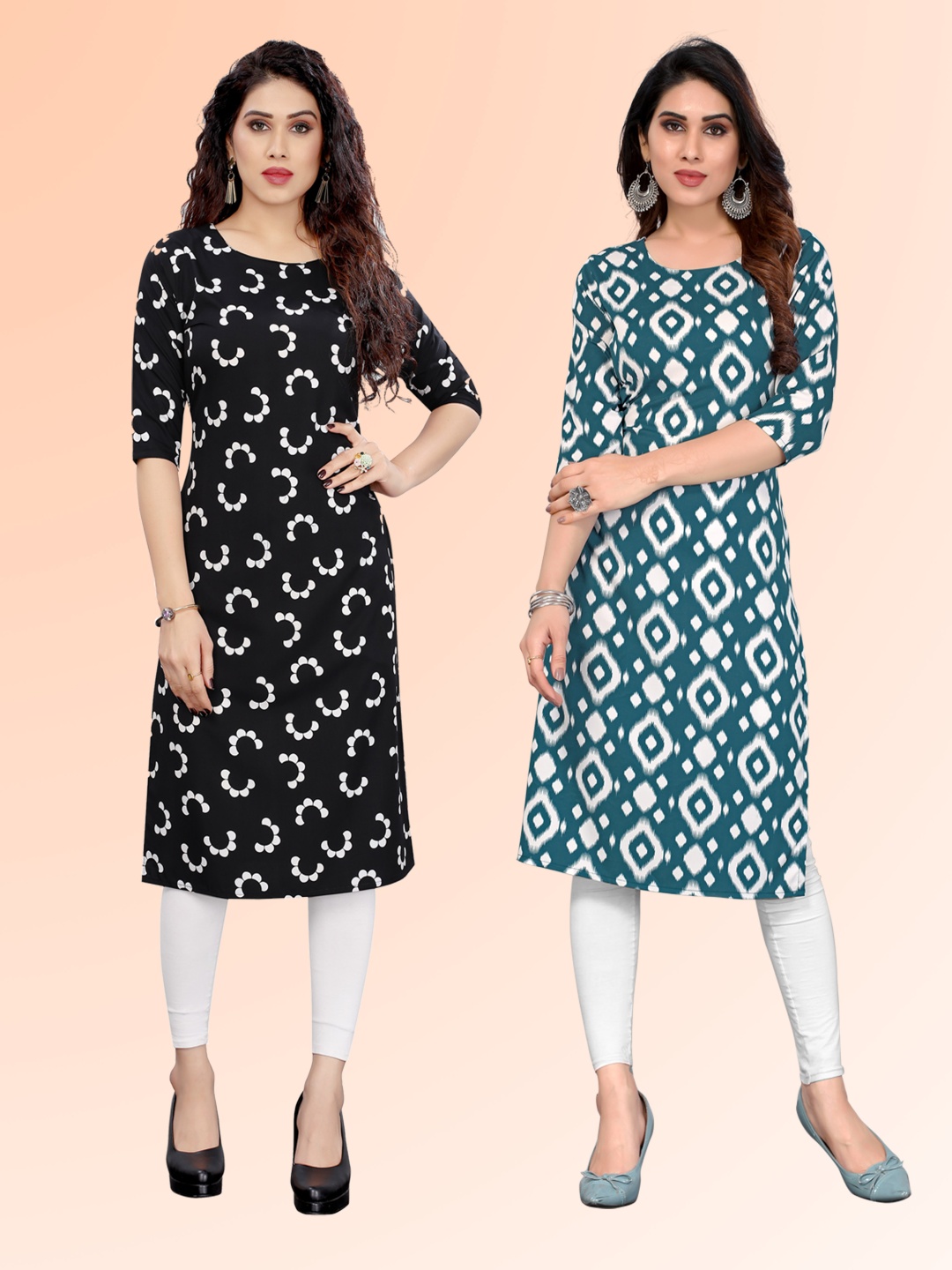 

KETAKI FASHION Selection Of 2 Floral Printed Round Neck Straight Kurtas, Black