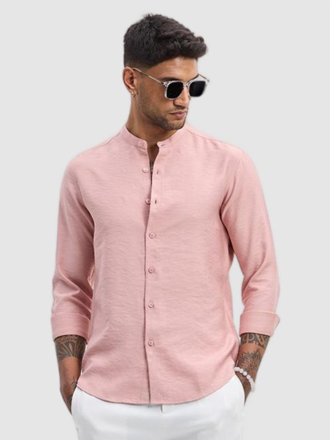 

Snitch Men Smart Fit Band Collar Solid Casual Shirt, Pink