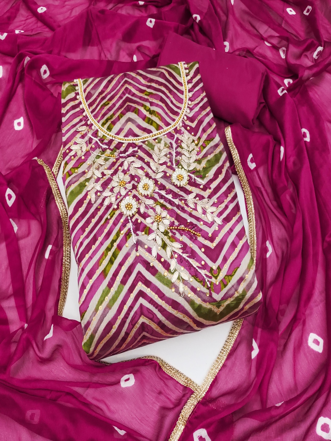 

MANVAA Chevron Printed Beads and Stones Unstitched Dress Material, Pink