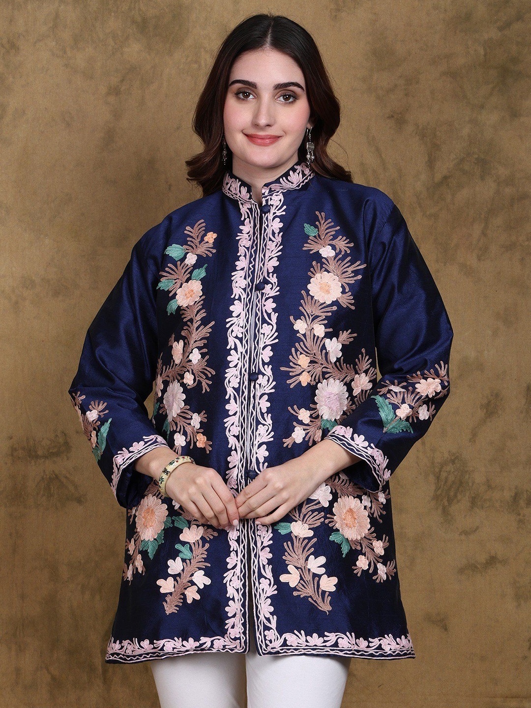 

Exotic India Art Silk Dark-Blue Kashmiri Short Jacket with Aari Embroidered Flowers, Navy blue