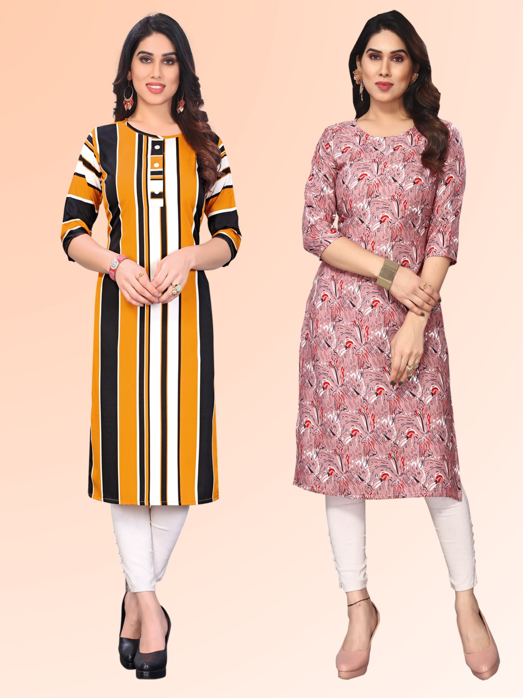 

KETAKI FASHION Selection of 2 Striped Round Neck Straight Kurtas, Mustard