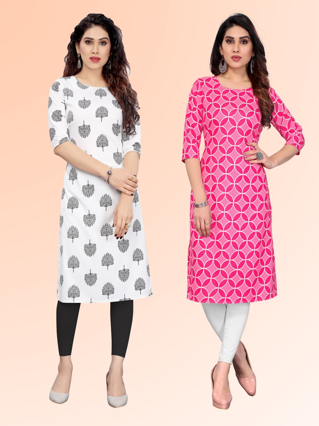 

KETAKI FASHION Selection Of 2 Floral Printed Round Neck Straight Kurtas, White
