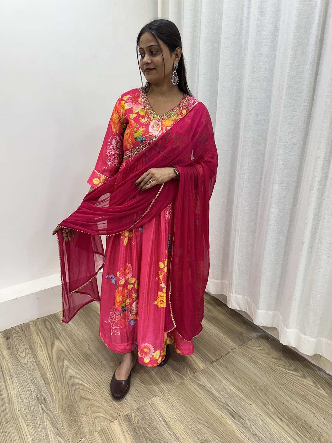 

MBL Floral Printed Georgette Maxi Ethnic Dresses, Pink