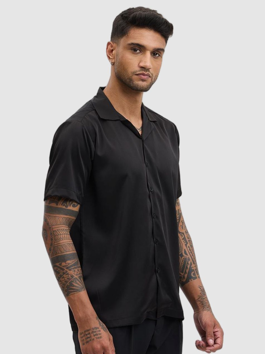 

Snitch Men Relaxed Fit Cuban Collar Solid Casual Shirt, Black