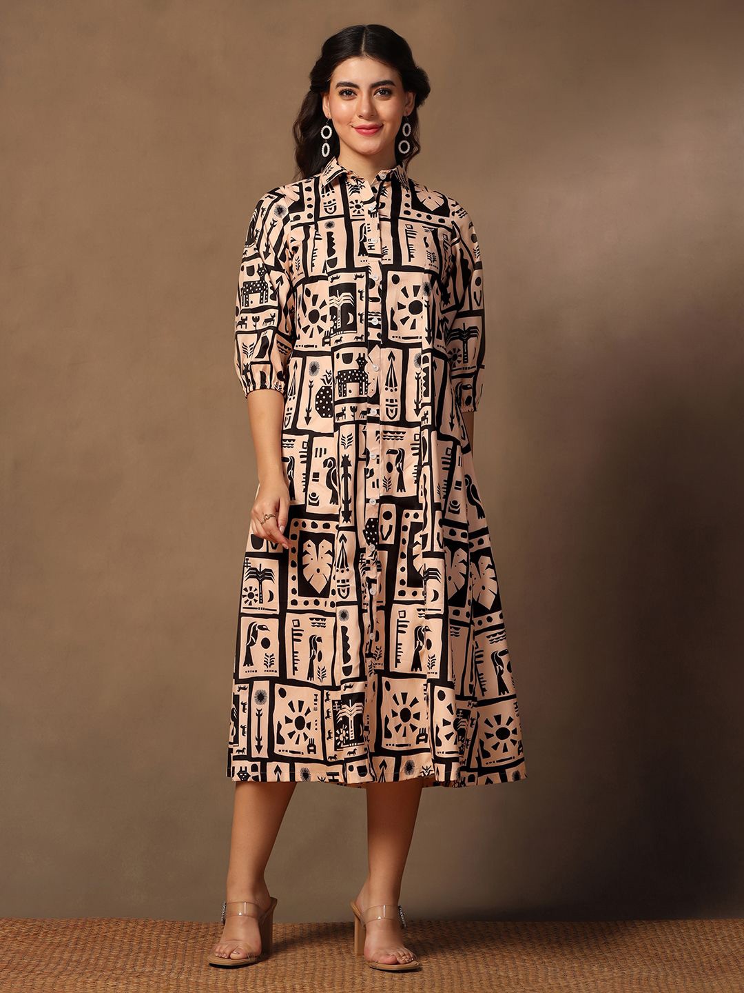 

Moda Rapido Women Cotton Printed A-Line Midi Dress, Beige