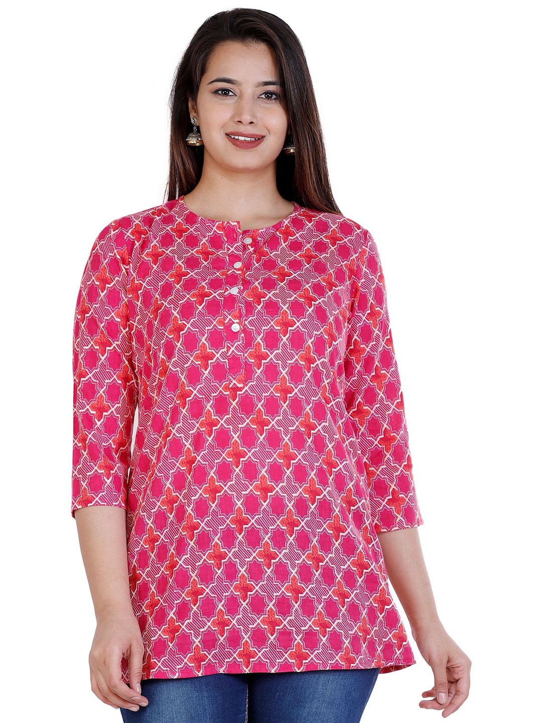 

NNAVDHA Women Geometric Printed Cotton Top, Pink