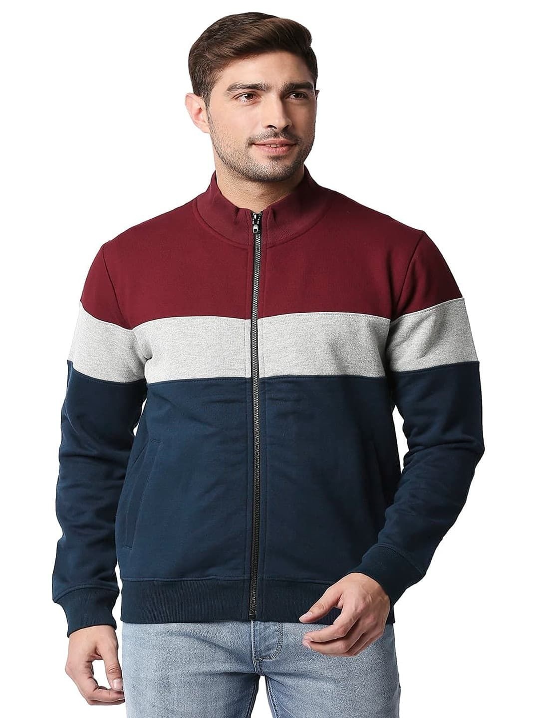 

Basics Men Mock Collar Colourblocked Cotton Casual Bomber Jacket, Maroon