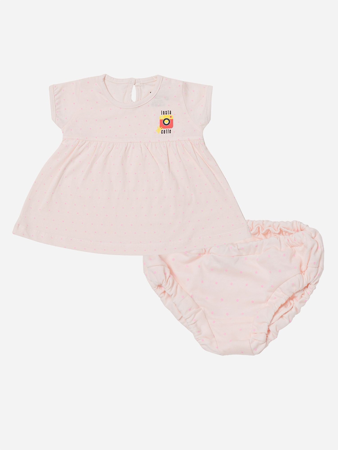 

Bodycare Kids Infant Girls Printed Round Neck Fit & Flare Dress With Briefs, Peach
