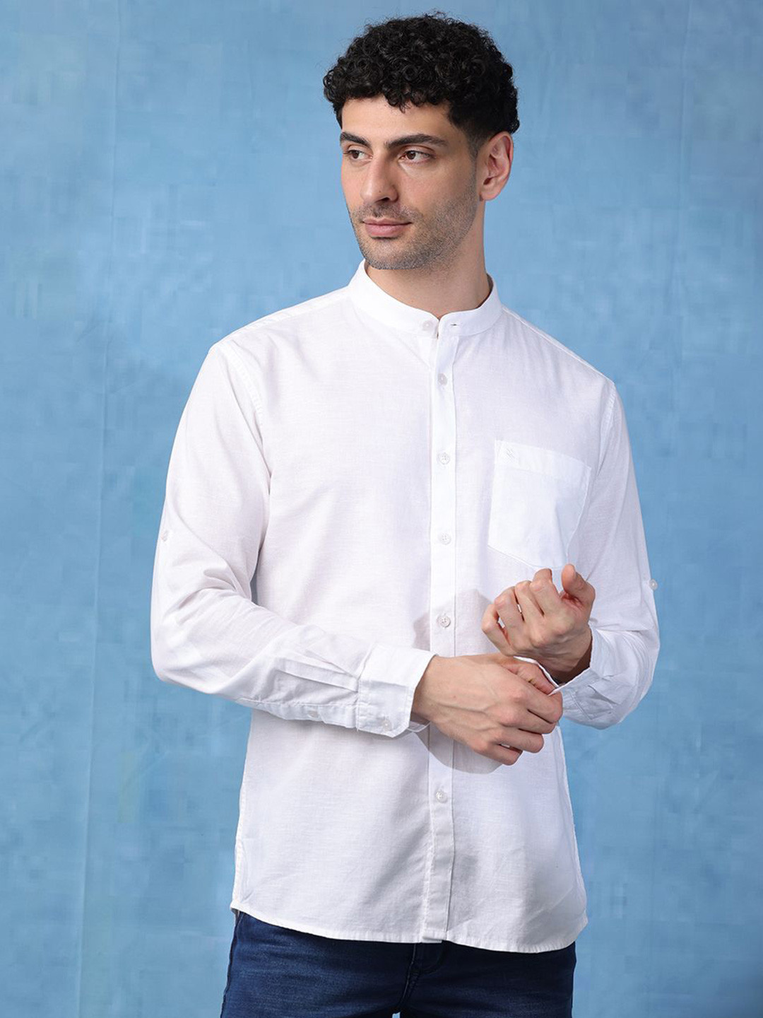 

RIGS AND RAGS Men Classic Fit Band Collar Solid Cotton Casual Shirt, White