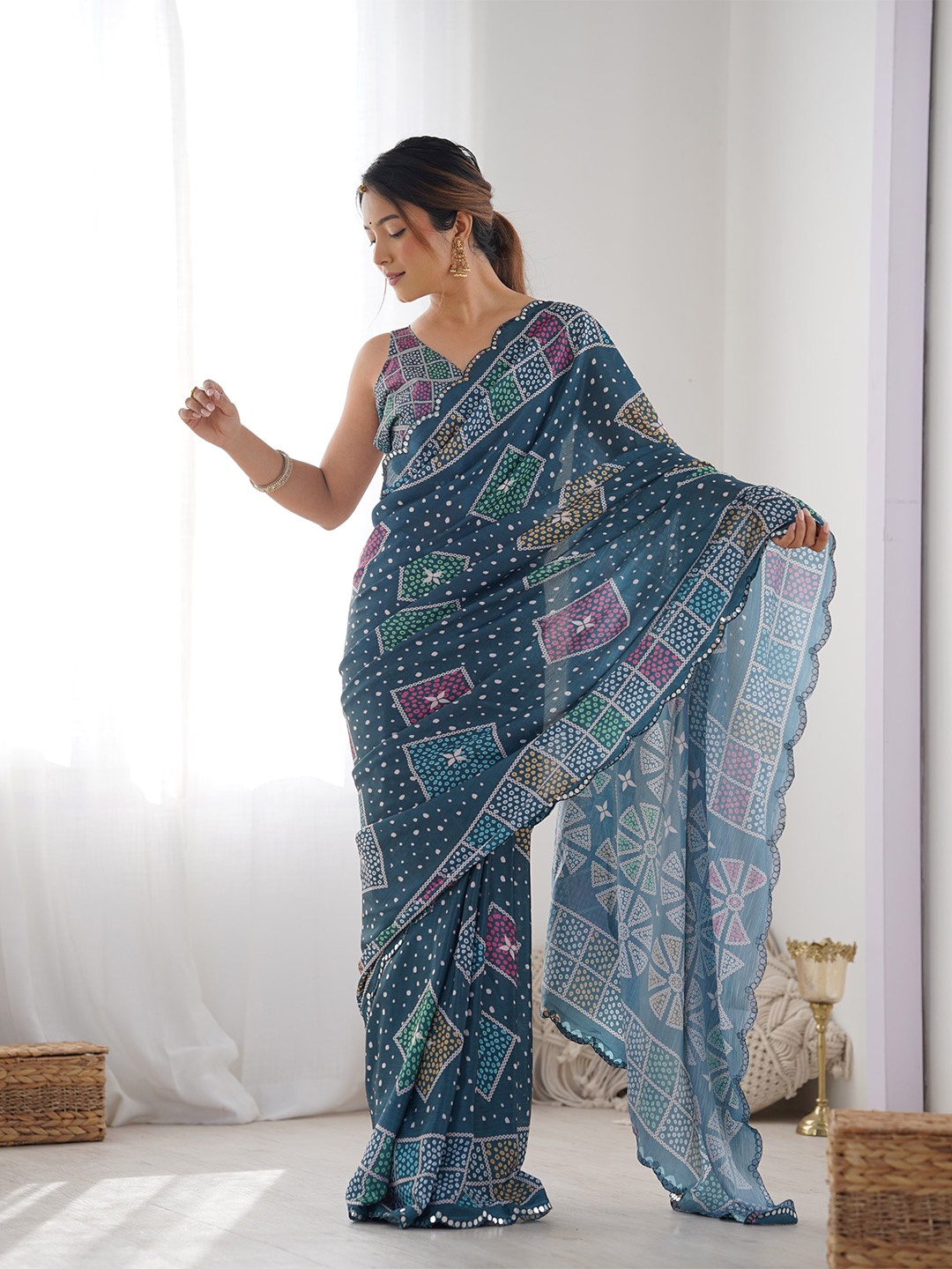

Kalista Mirrorwork Abstract Printed Pure Chiffon Saree, Teal
