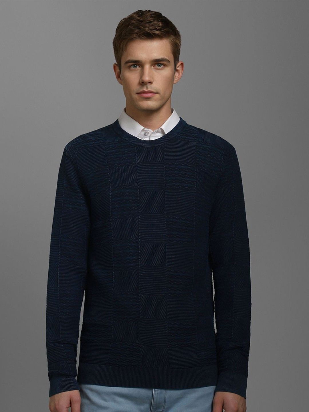 

Louis Philippe Jeans Men Cable Knit Pure Cotton Pullover, Navy blue