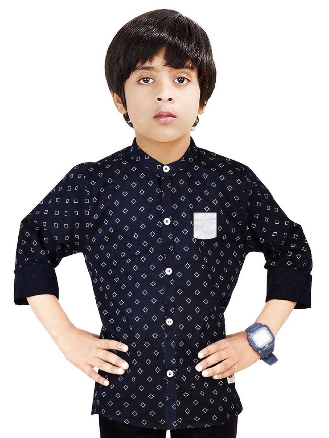 

MADE IN THE SHADE Boys Band Collar Geometric Printed Cotton Casual Shirt, Navy blue