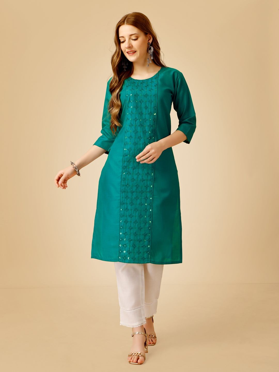 

BERISTON Ethnic Motifs Embroidered Sequinned Straight Kurta With Trousers, Green