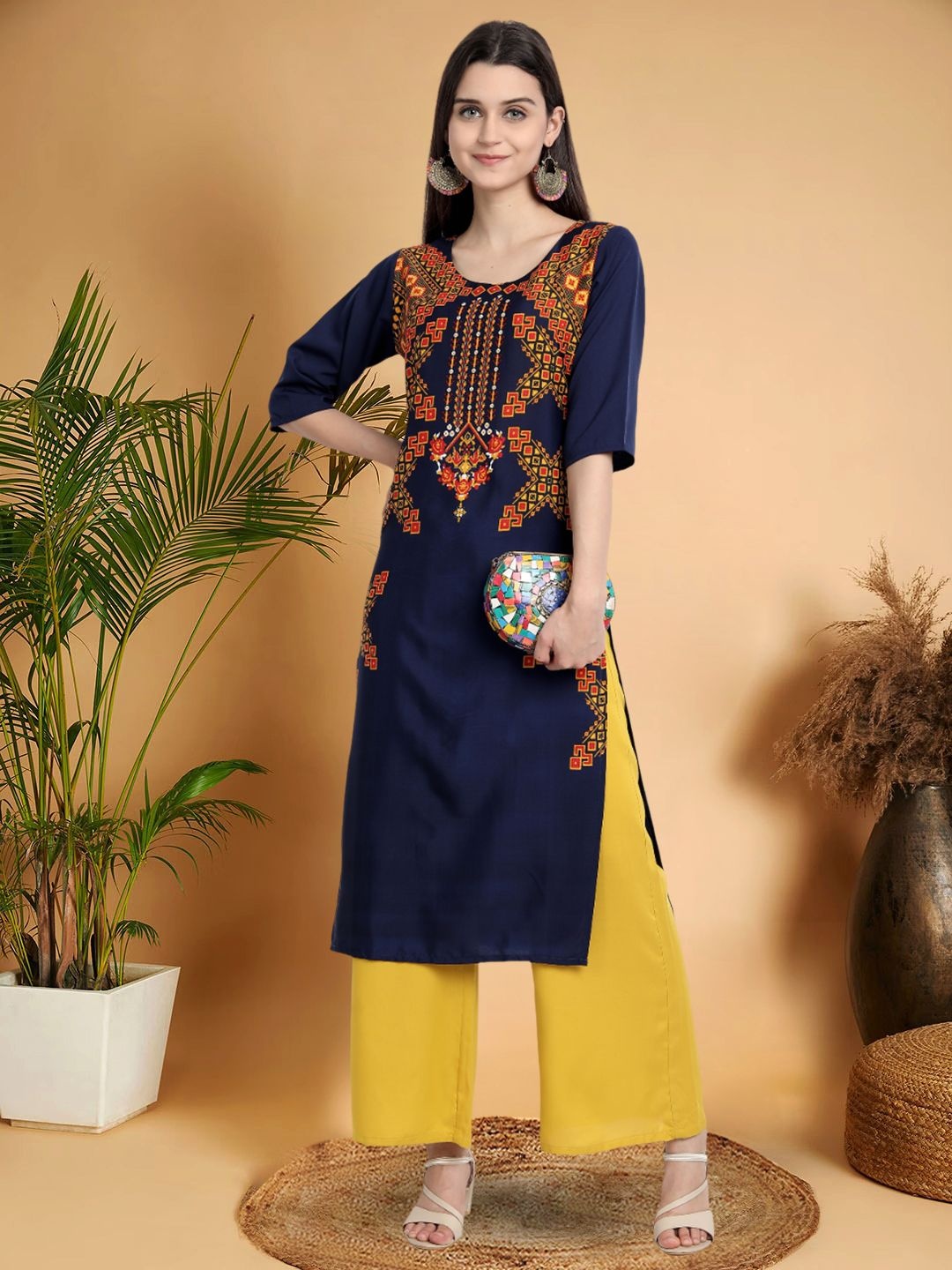 

7Threads Selection Of 4 Geometric Printed Round Neck Straight Kurtas, Navy blue