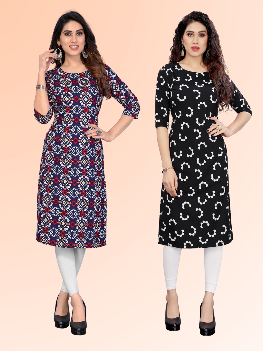 

KETAKI FASHION Selection Of 2 Geometric Printed Round Neck Kurtas, Navy blue
