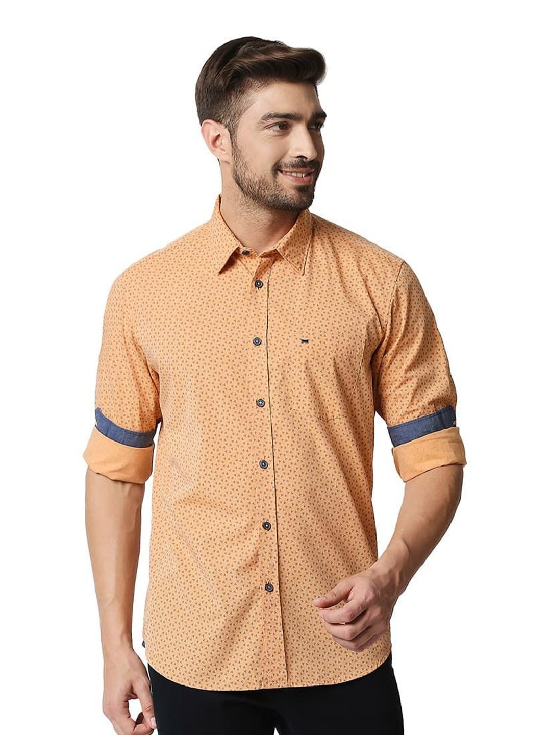 

Basics Men Slim Fit Spread Collar Micro Ditsy Printed Cotton Casual Shirt, Orange