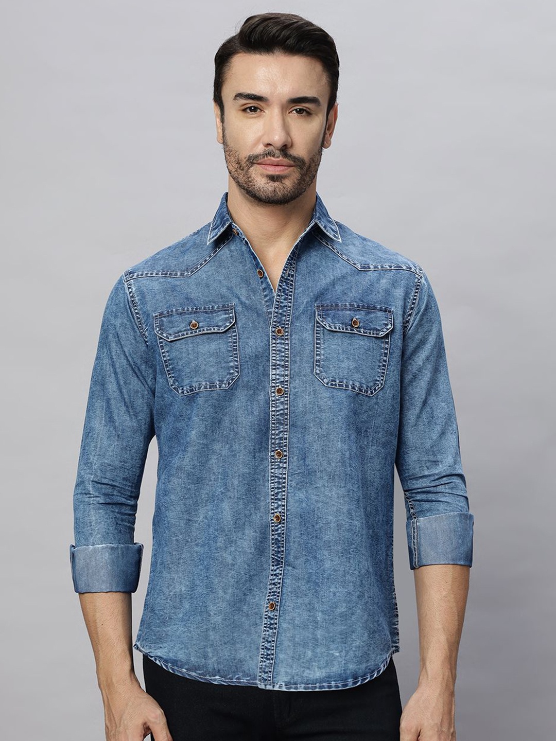 

HJ HASASI Men Relaxed Fit Spread Collar Faded Denim Casual Shirt, Blue