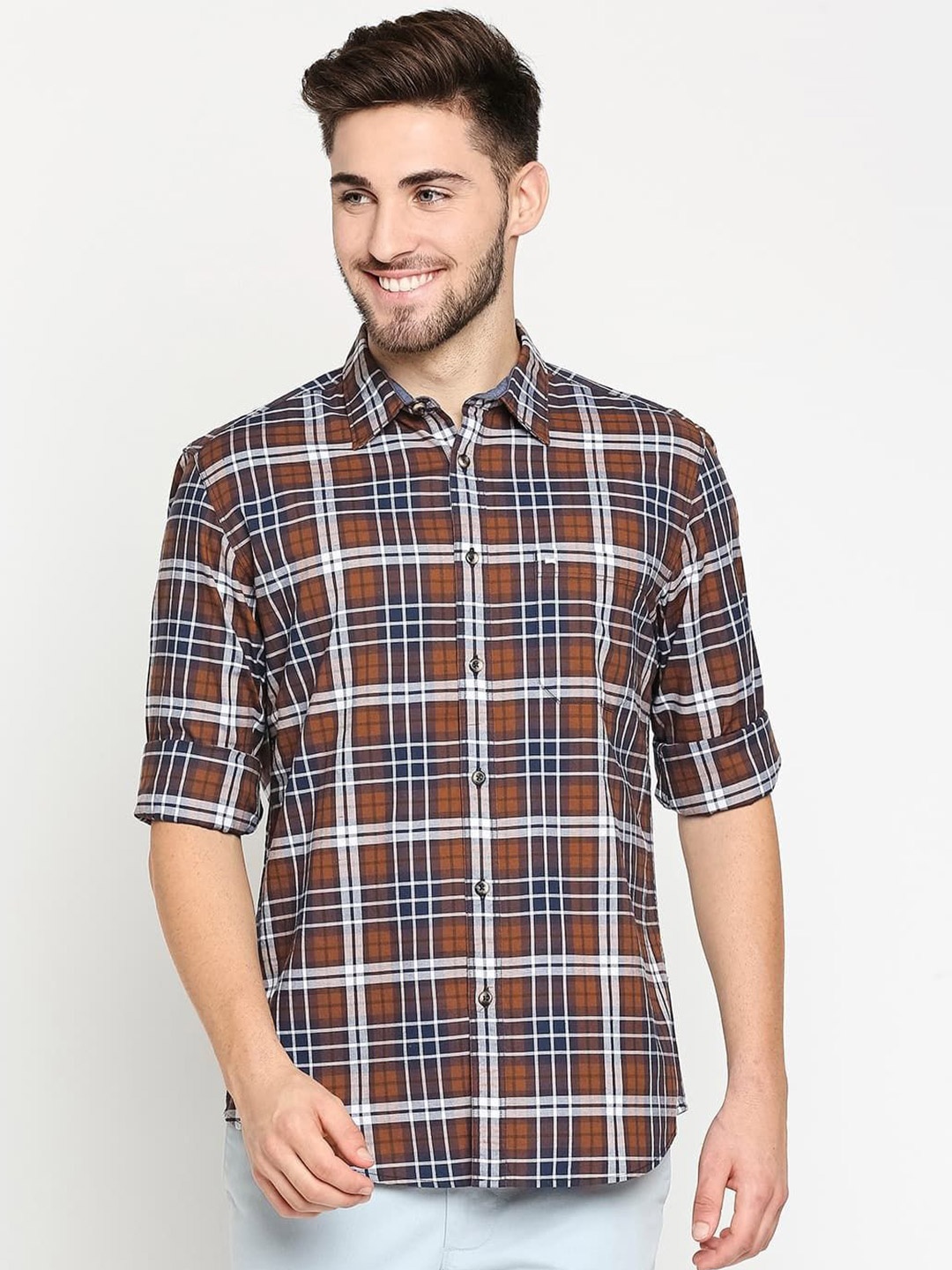 

Basics Men Slim Fit Spread Collar Tartan Checked Cotton Casual Shirt, Brown