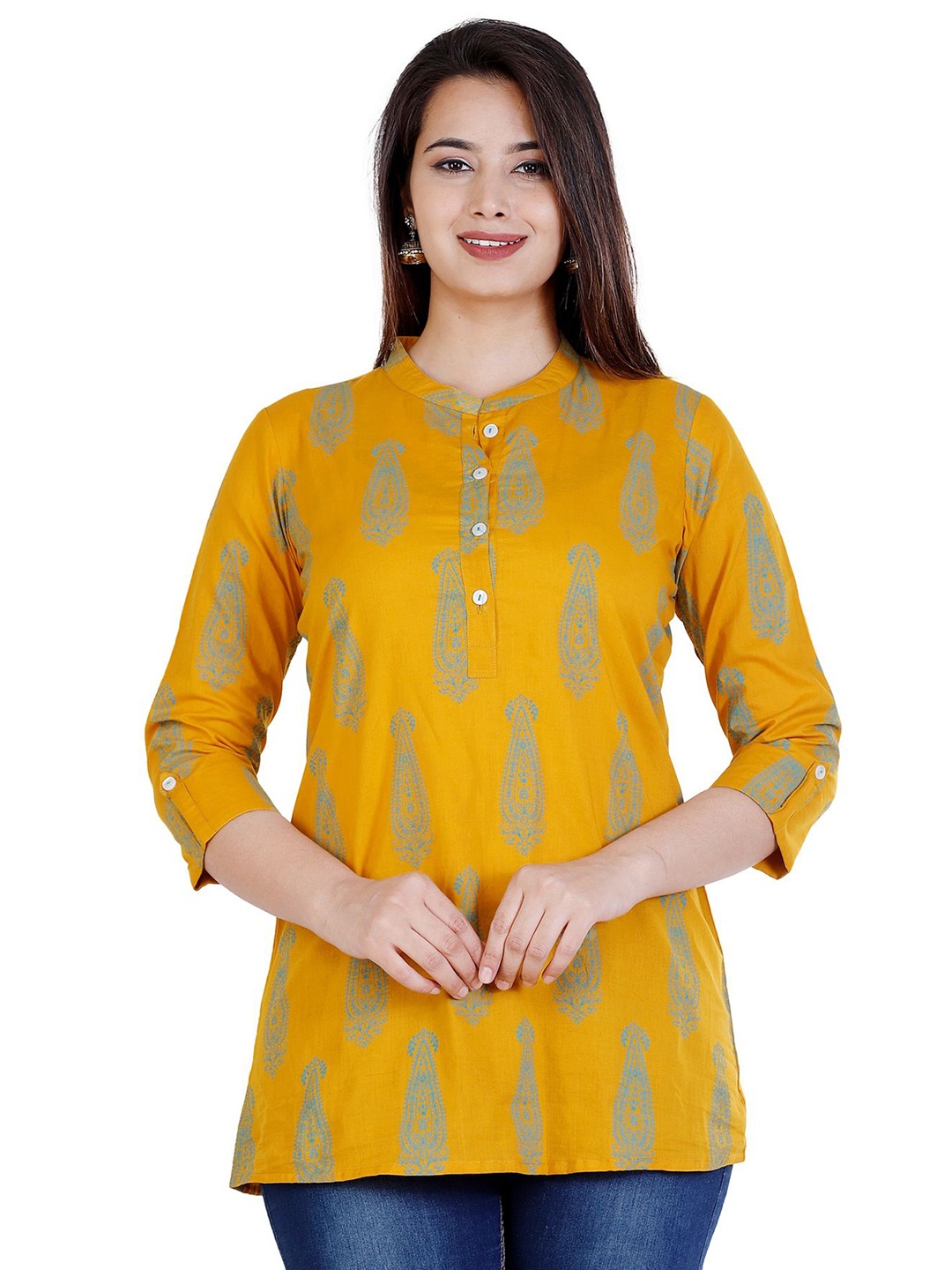 

NNAVDHA Women Printed Mandarin Collar Cotton Top, Yellow