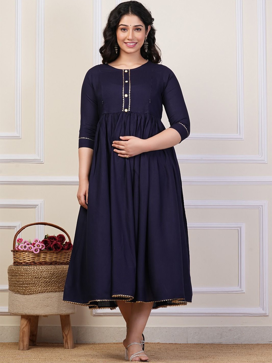 

Pristyle Women Round Neck Pleated & Lace Detail Maternity Midi Dress, Blue