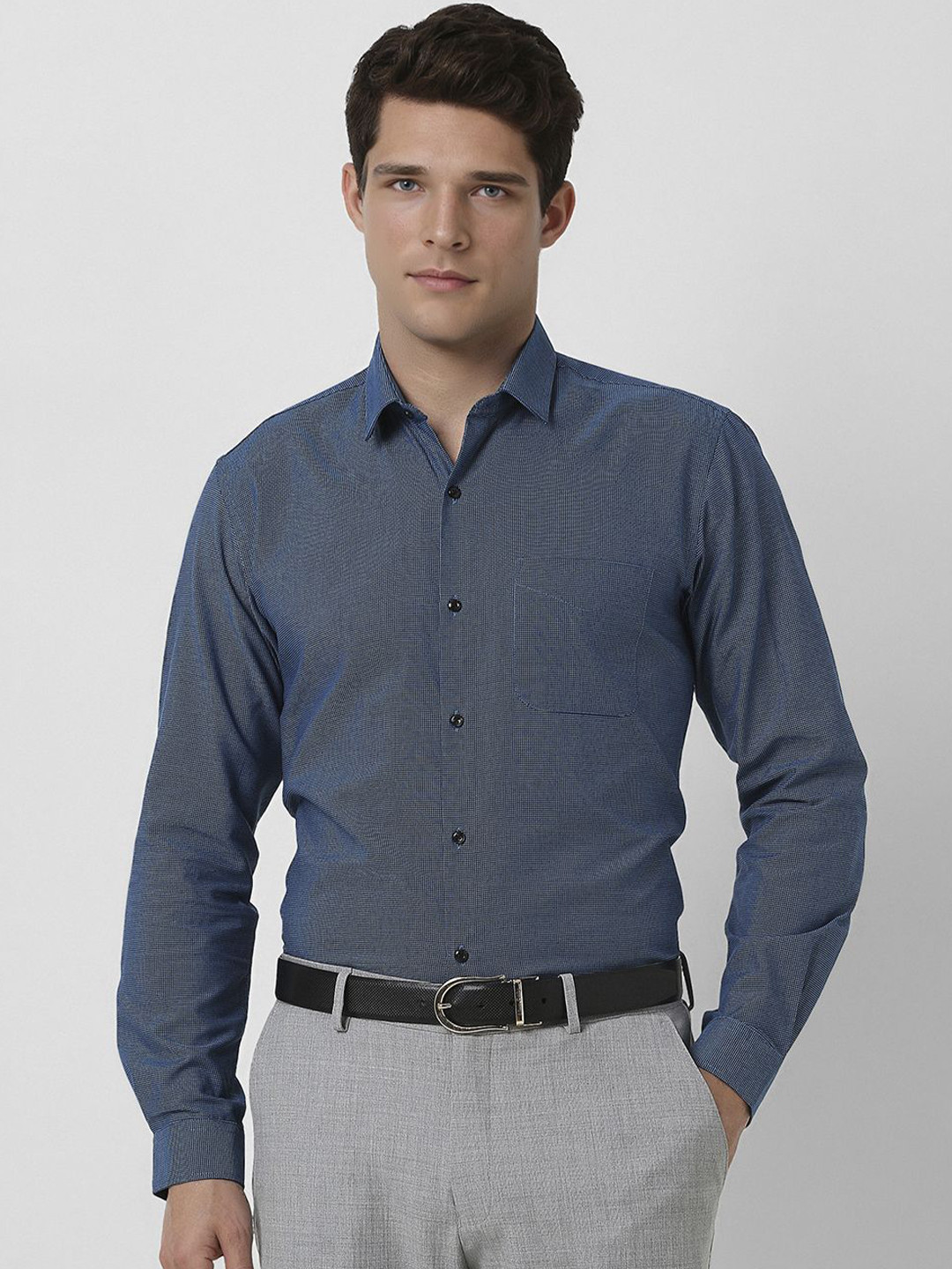 

Peter England Men Slim Fit Spread Collar Micro Ditsy Printed Cotton Formal Shirt, Blue