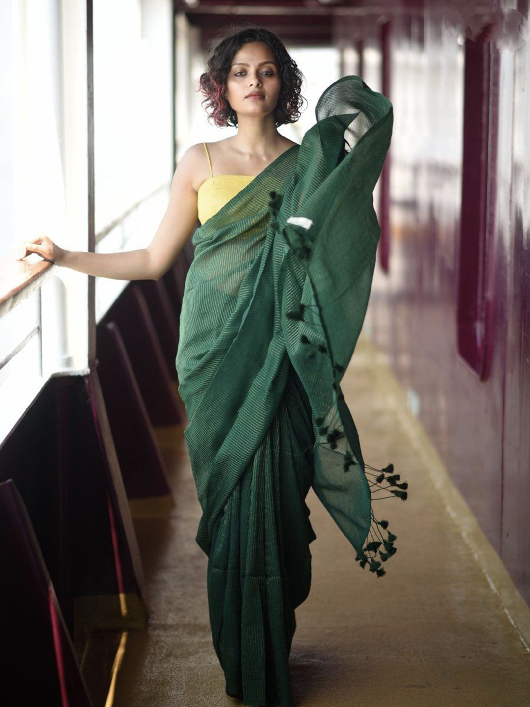 

Ruuprekha Striped Zari Pure Cotton Saree, Green
