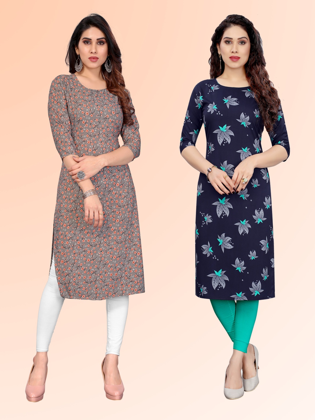 

KETAKI FASHION Selection Of 2 Floral Printed Round Neck Straight Kurtas, Grey