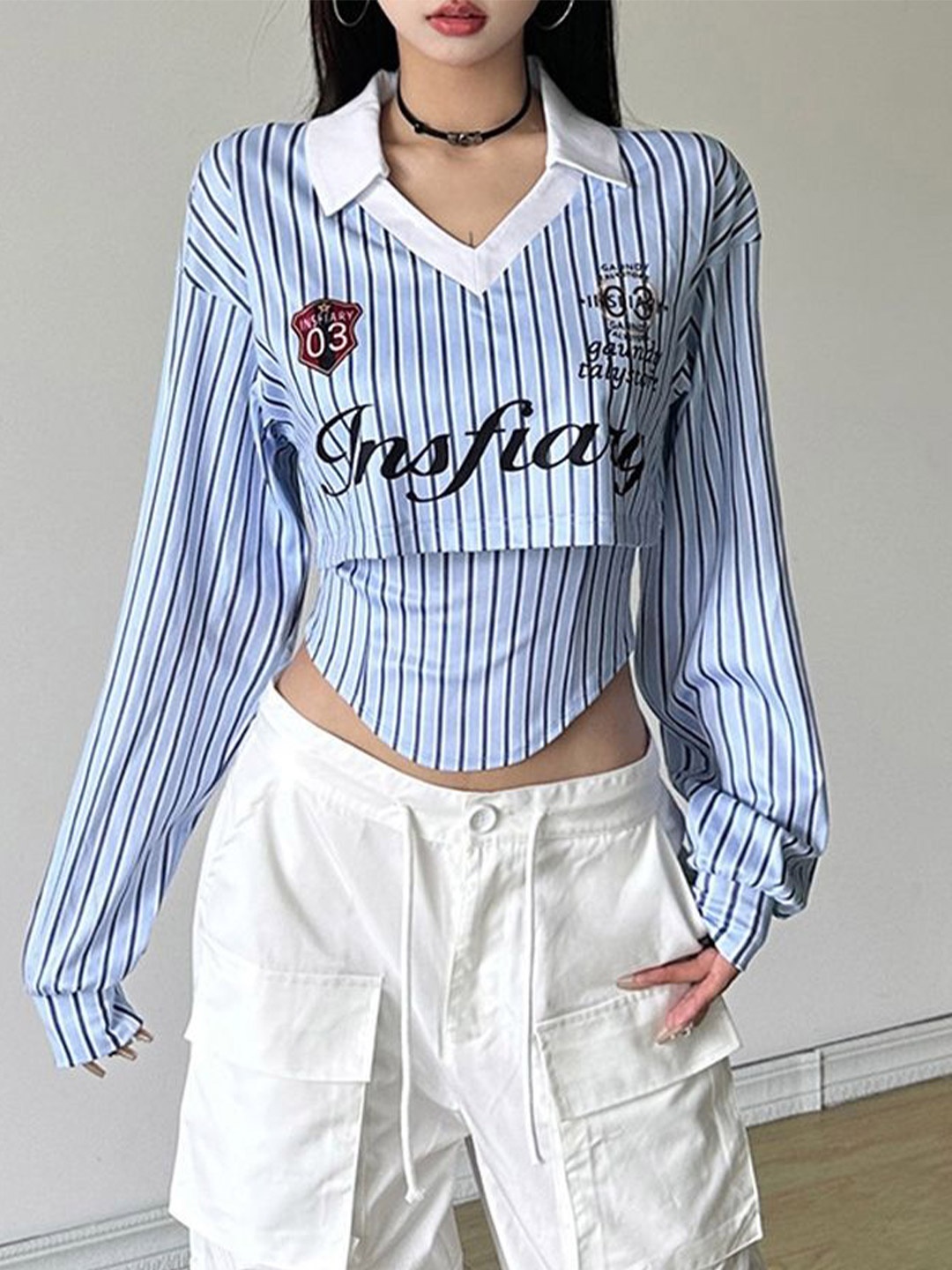 

LULU & SKY Women Striped Printed Shirt Collar Crop Top, Blue
