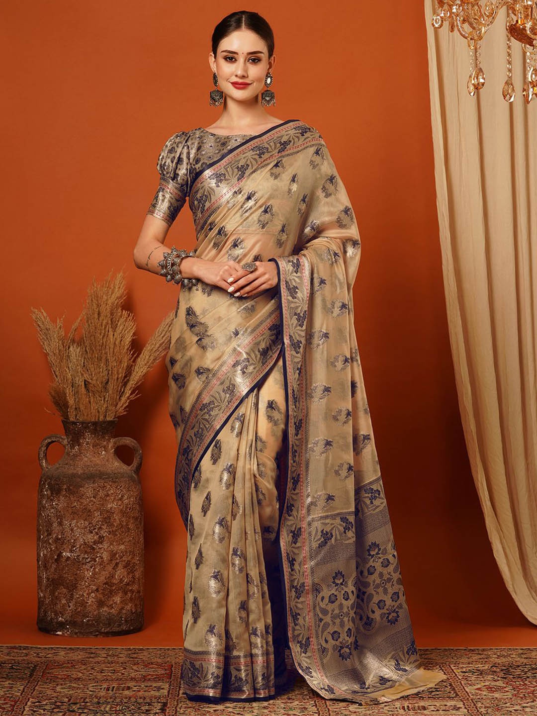 

yourwish Floral Woven Design Zari Organza Banarasi Saree, Beige