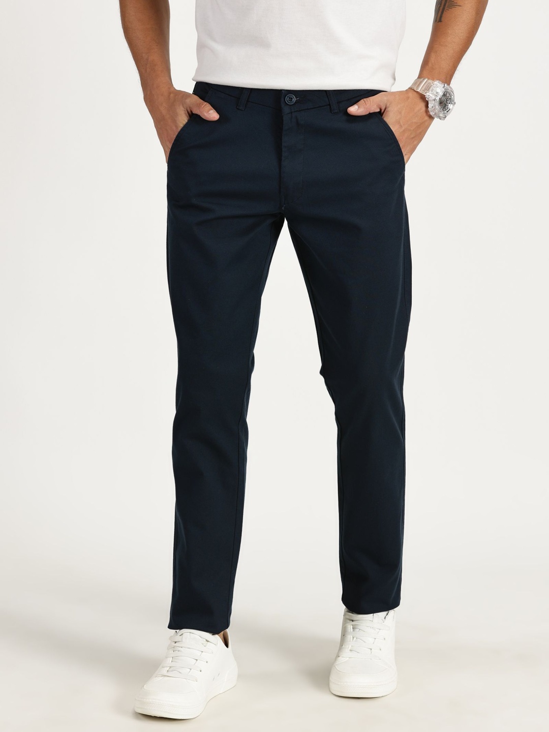 

RAVINIK Men Cotton Classic Straight Fit Trousers, Navy blue