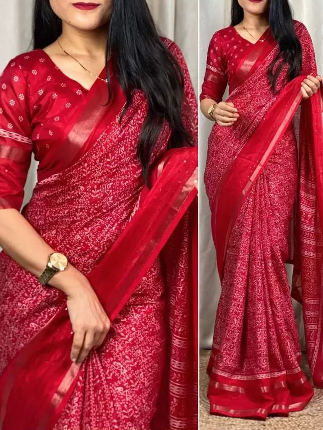 

SAADHVI Kalamkari Printed Zari Saree, Red