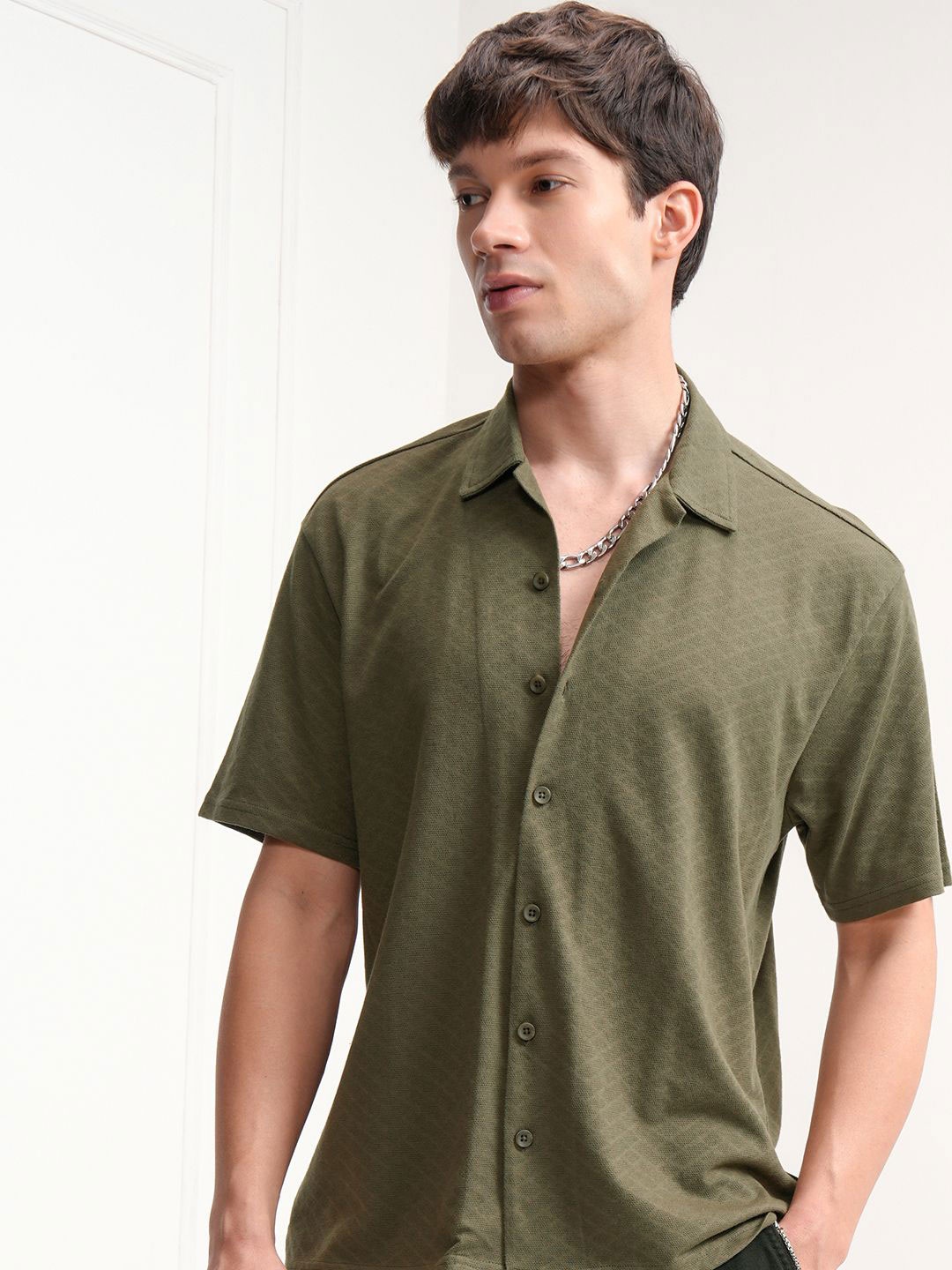 

HIGHLANDER Men Cuban Collar Textured Cotton Casual Shirt, Olive