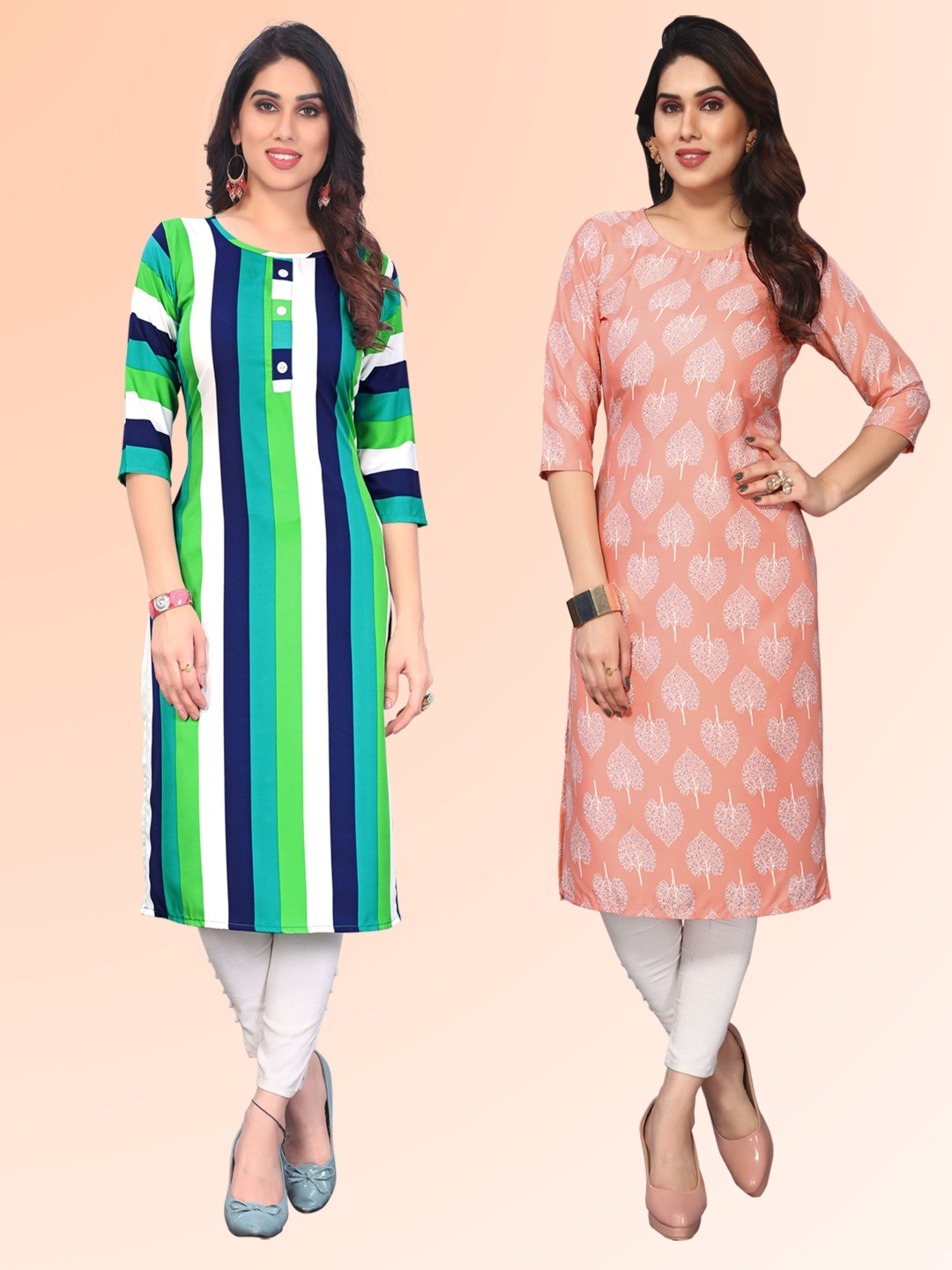 

KETAKI FASHION Selection of 2 Striped Round Neck Straight Kurtas, Green