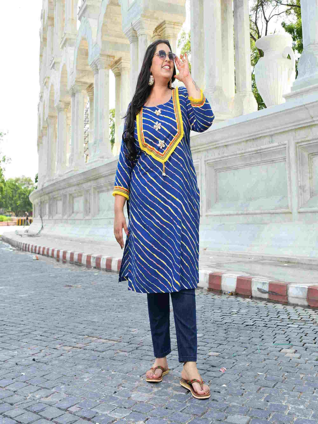 

The Plus Size Store by Meera Creations Women Striped Flared Sleeves Mirror Work Kurta, Blue