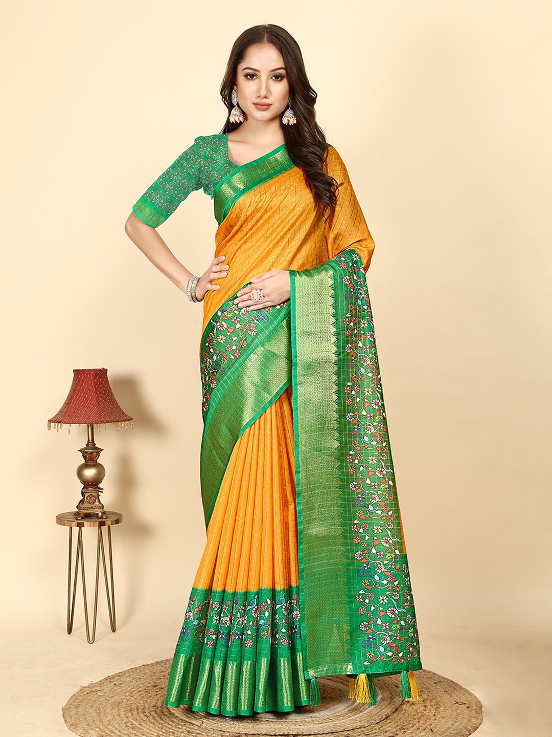 

J 6 DESIGNER Floral Zari Block Print Saree, Yellow