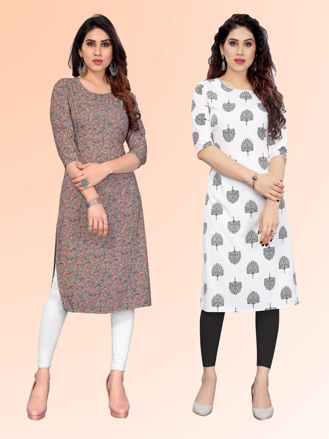 

KETAKI FASHION Selection Of 2 Floral Printed Round Neck Straight Kurtas, Grey