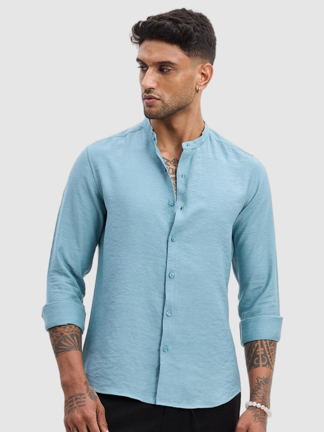 

Snitch Men Smart Fit Band Collar Textured Casual Shirt, Blue