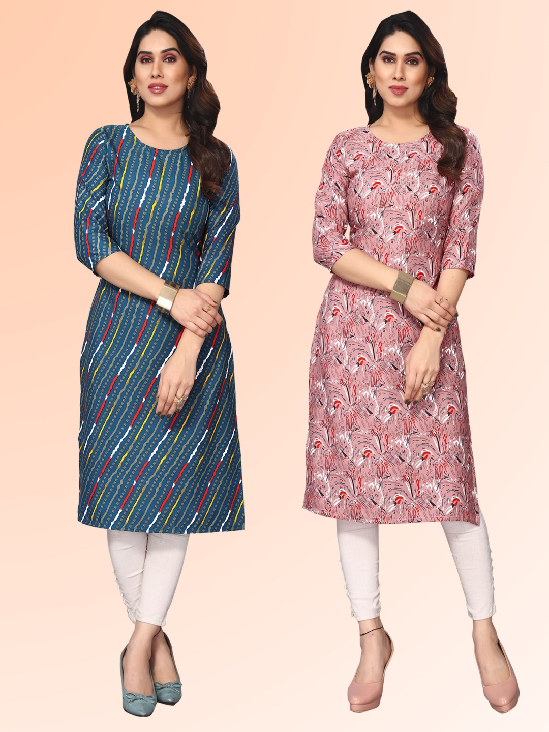 

KETAKI FASHION Selection of 2 Striped Round Neck Straight Kurtas, Blue