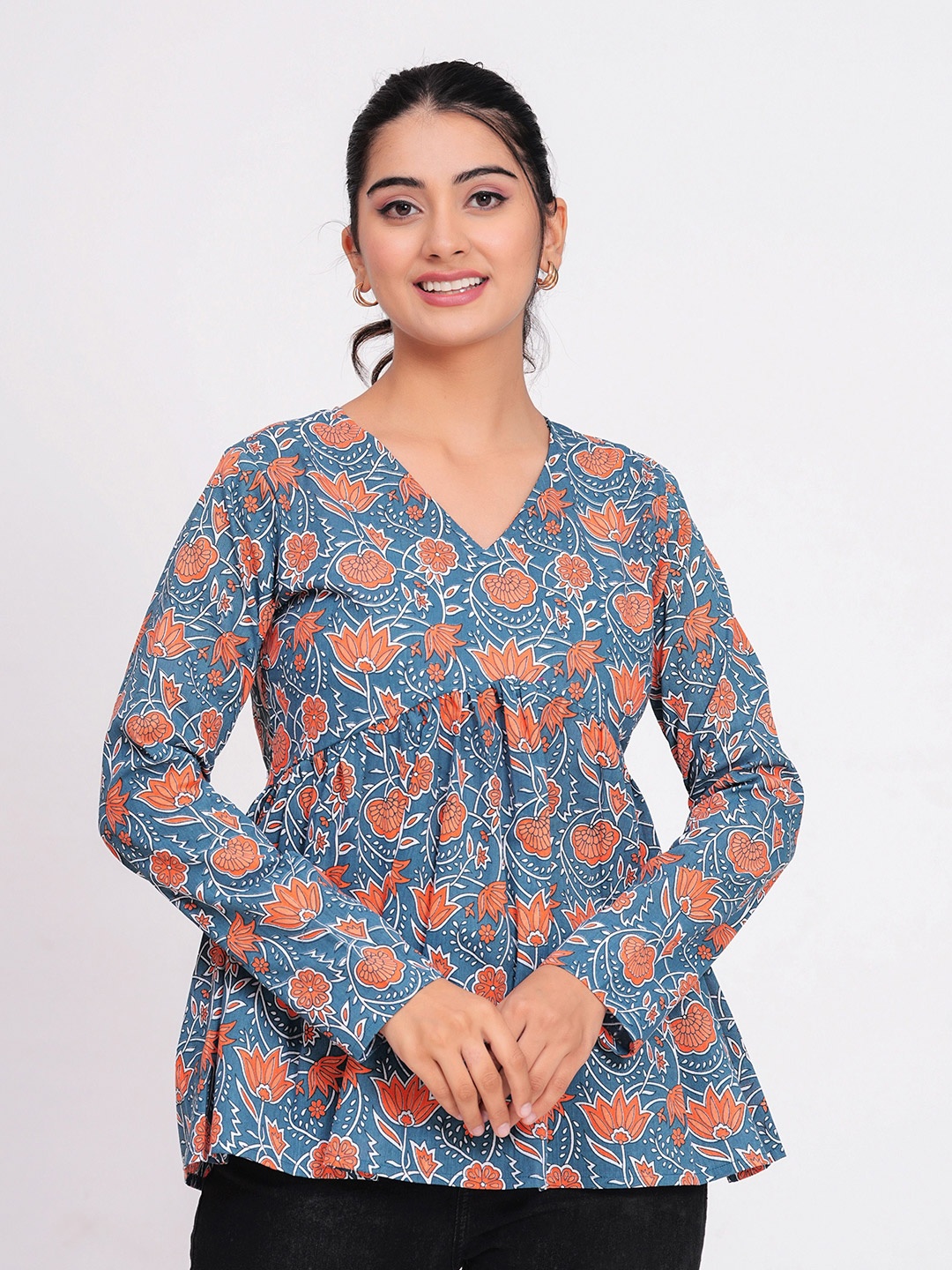 

PINGAKSH Floral Printed Cotton Empire Top, Orange
