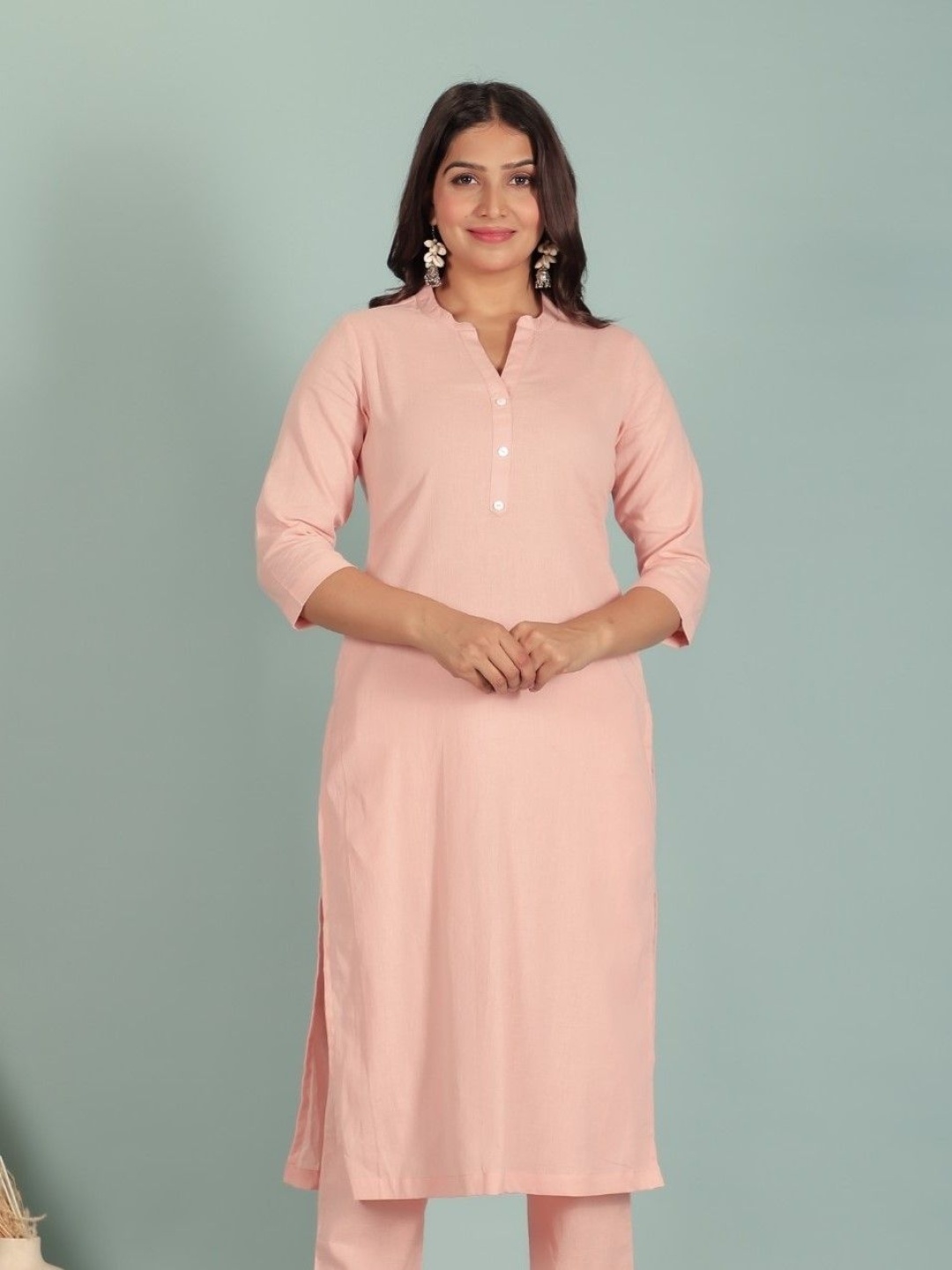 

Aramya Mandarin Collar Linen Cotton Straight Kurta, Pink