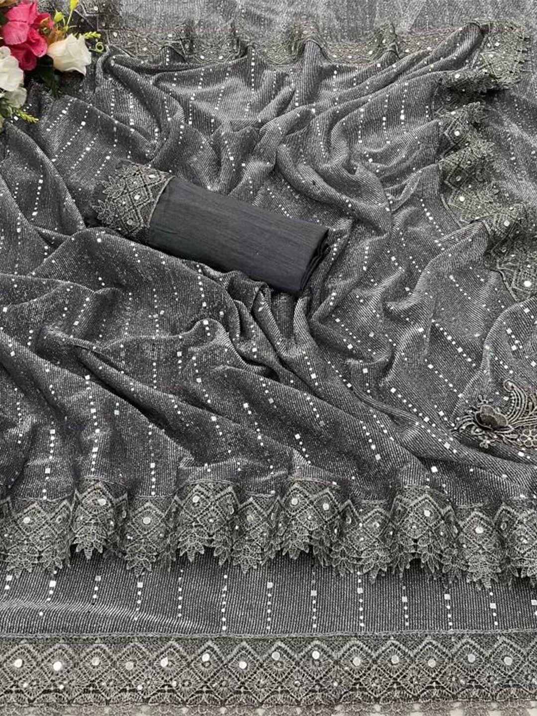

SAADHVI Embellished Embroidered Art Silk Designer Saree, Grey
