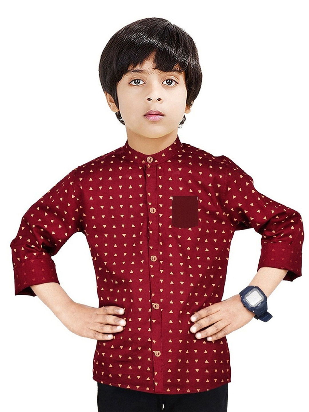 

MADE IN THE SHADE Boys Band Collar Geometric Printed Cotton Casual Shirt, Red