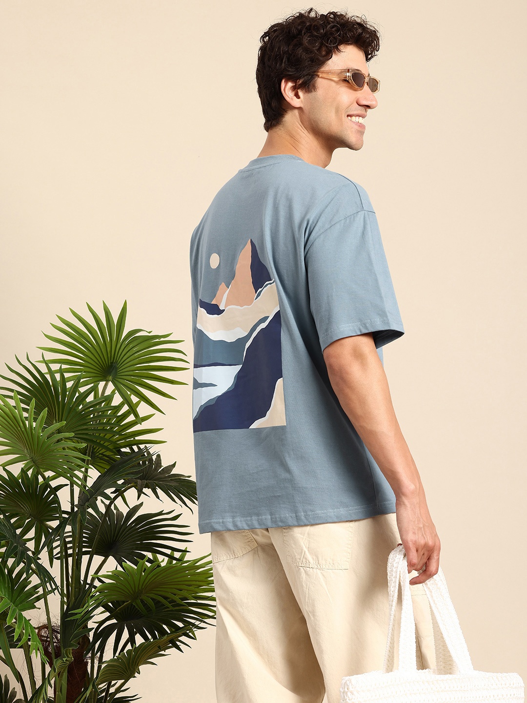 

Mast & Harbour Pure Cotton Graphic Printed Drop-Shoulder Sleeves Oversized T-shirt, Blue