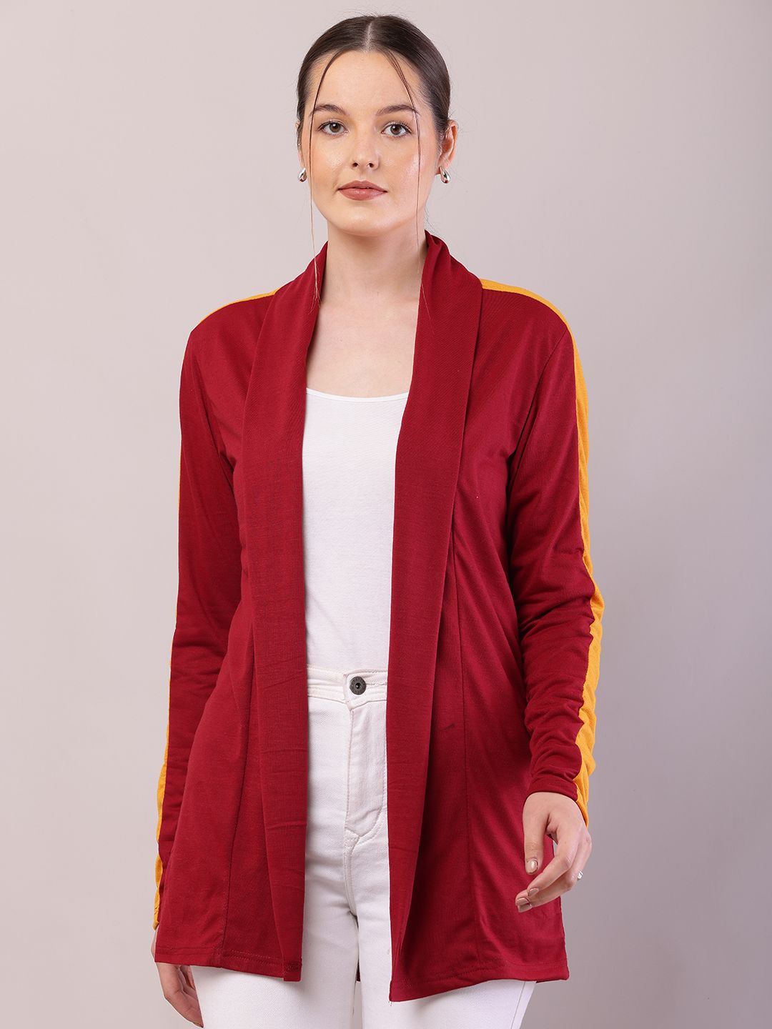 

RiseMax Colourblocked Longline Lapel Shrug, Maroon